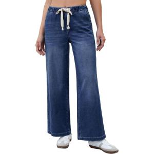 imageluvamia Wide Leg Jeans Woman High Waisted Trendy Pull On Elastic Waist Drawstring Stretchy Denim Jean Pants with PocketsDarkness Blue