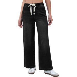 imageluvamia Wide Leg Jeans Woman High Waisted Trendy Pull On Elastic Waist Drawstring Stretchy Denim Jean Pants with PocketsIconic Black