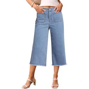 imageluvamia Capris Jeans for Women Wide Leg High Waisted Trendy Raw Hem Patch Pocket Cropped Stretchy Denim Capri PantsCool Blue