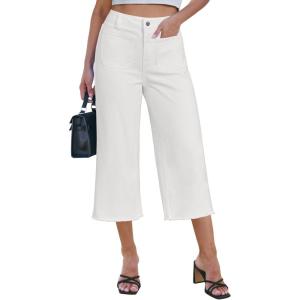 imageluvamia Capris Jeans for Women Wide Leg High Waisted Trendy Raw Hem Patch Pocket Cropped Stretchy Denim Capri PantsCream White