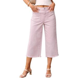 imageluvamia Capris Jeans for Women Wide Leg High Waisted Trendy Raw Hem Patch Pocket Cropped Stretchy Denim Capri PantsHushed Violet