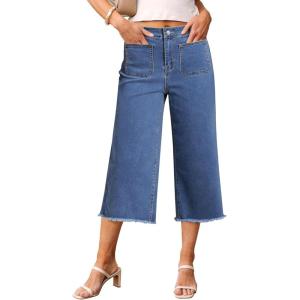 imageluvamia Capris Jeans for Women Wide Leg High Waisted Trendy Raw Hem Patch Pocket Cropped Stretchy Denim Capri PantsMedium Blue