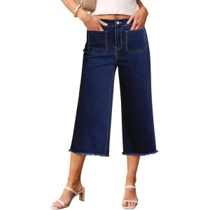 imageluvamia Capris Jeans for Women Wide Leg High Waisted Trendy Raw Hem Patch Pocket Cropped Stretchy Denim Capri PantsMidnight Blue