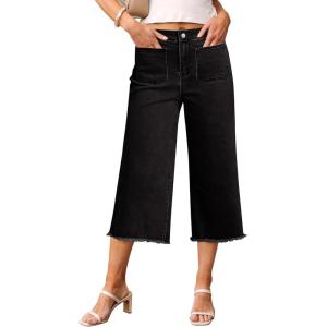 imageluvamia Capris Jeans for Women Wide Leg High Waisted Trendy Raw Hem Patch Pocket Cropped Stretchy Denim Capri PantsWashed Black