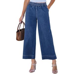 imageluvamia Wide Leg Jeans for Women High Waisted Cropped Pull On Jeans Elastic Wasit Drawstring Stretch Denim Trouser PantsClassic Blue