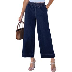 imageluvamia Wide Leg Jeans for Women High Waisted Cropped Pull On Jeans Elastic Wasit Drawstring Stretch Denim Trouser PantsDarkness Blue