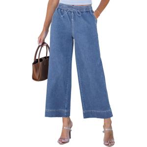 imageluvamia Wide Leg Jeans for Women High Waisted Cropped Pull On Jeans Elastic Wasit Drawstring Stretch Denim Trouser PantsMedium Blue