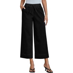 imageluvamia Wide Leg Jeans for Women High Waisted Cropped Pull On Jeans Elastic Wasit Drawstring Stretch Denim Trouser PantsTrue Black