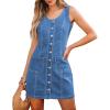 imageluvamia Denim Dresses for Women Sleeveless Stretchy Jean Summer Casual Western Short Button Down Dress with Patch PocketBay Blue