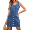 imageluvamia Denim Dresses for Women Sleeveless Stretchy Jean Summer Casual Western Short Button Down Dress with Patch PocketClassic Blue