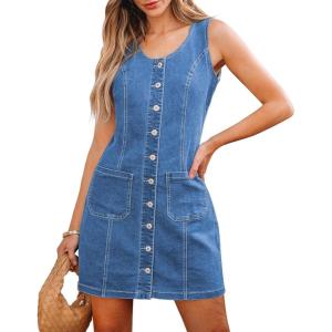imageluvamia Denim Dresses for Women Sleeveless Stretchy Jean Summer Casual Western Short Button Down Dress with Patch PocketBay Blue