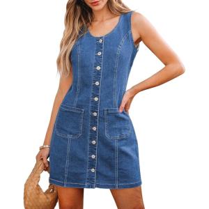 imageluvamia Denim Dresses for Women Sleeveless Stretchy Jean Summer Casual Western Short Button Down Dress with Patch PocketClassic Blue
