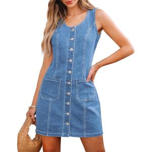 imageluvamia Denim Dresses for Women Sleeveless Stretchy Jean Summer Casual Western Short Button Down Dress with Patch PocketMedium Blue
