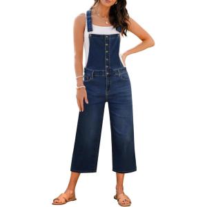 imageluvamia Denim Overalls for Women Stretchy Capri Jean Jumpsuit Loose Fit Summer Cropped Wide Leg Button Front Bib OverallDarkness Blue