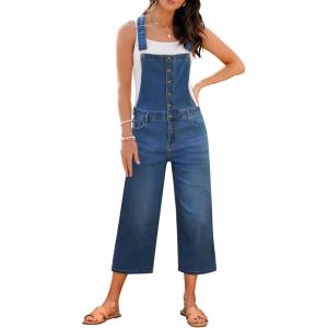 imageluvamia Denim Overalls for Women Stretchy Capri Jean Jumpsuit Loose Fit Summer Cropped Wide Leg Button Front Bib OverallMedium Blue