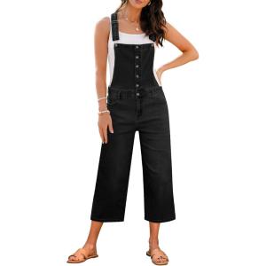 imageluvamia Denim Overalls for Women Stretchy Capri Jean Jumpsuit Loose Fit Summer Cropped Wide Leg Button Front Bib OverallWashed Black