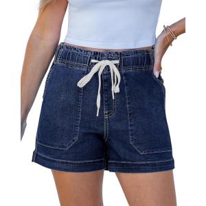 imageluvamia Jean Shorts for Women High Waisted Pull On Drawstring Elastic Waist Trendy Stretchy Denim Jorts Summer ShortsDarkness Blue