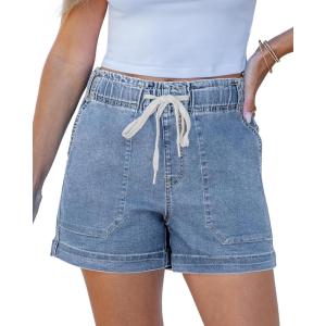 imageluvamia Jean Shorts for Women High Waisted Pull On Drawstring Elastic Waist Trendy Stretchy Denim Jorts Summer ShortsLakeside Blue
