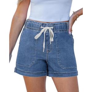 imageluvamia Jean Shorts for Women High Waisted Pull On Drawstring Elastic Waist Trendy Stretchy Denim Jorts Summer ShortsMedium Blue