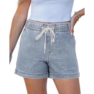 imageluvamia Jean Shorts for Women High Waisted Pull On Drawstring Elastic Waist Trendy Stretchy Denim Jorts Summer ShortsRoadknight Blue