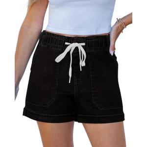 imageluvamia Jean Shorts for Women High Waisted Pull On Drawstring Elastic Waist Trendy Stretchy Denim Jorts Summer ShortsWashed Black