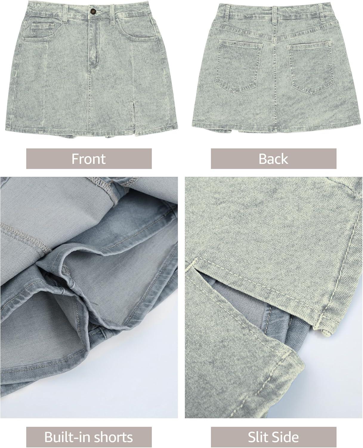 imageluvamia Skorts Skirts for Women Denim Mini Skirt Side Slit with High Waisted Jean Shorts StretchyVintage Light Blue