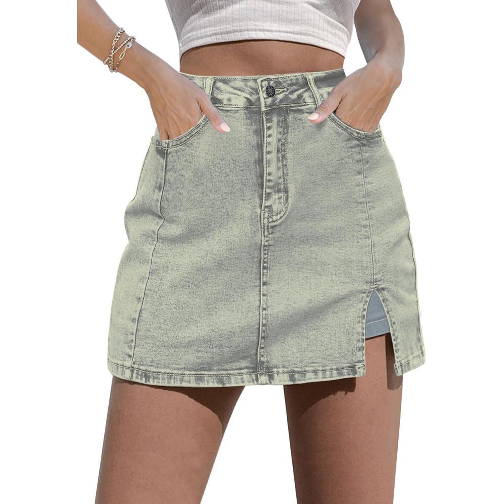 imageluvamia Skorts Skirts for Women Denim Mini Skirt Side Slit with High Waisted Jean Shorts StretchyVintage Light Blue