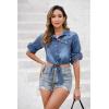 imageluvamia Denim Tops for Women Trendy Button Down Denim Shirt Tie Front Blouse 34 Sleeve Jean Chambray Crop Top CardiganClassic Blue
