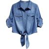 imageluvamia Denim Tops for Women Trendy Button Down Denim Shirt Tie Front Blouse 34 Sleeve Jean Chambray Crop Top CardiganClassic Blue