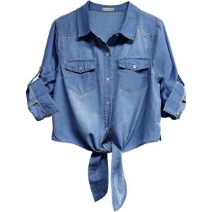 imageluvamia Denim Tops for Women Trendy Button Down Denim Shirt Tie Front Blouse 34 Sleeve Jean Chambray Crop Top CardiganClassic Blue