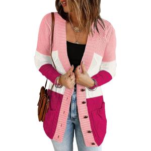 imageluvamia Womens Long Sleeve Open Front Buttons Cable Knit Pocket Sweater CardiganB Pinkish Block