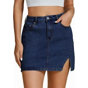 imageluvamia Jean Skirts for Women Denim High Waisted Stretchy Denim Skirt with Slit Trendy Casual Slim Fit Short SkirtsDark Blue