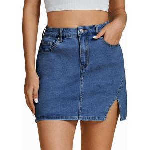 imageluvamia Jean Skirts for Women Denim High Waisted Stretchy Denim Skirt with Slit Trendy Casual Slim Fit Short SkirtsMedium Blue