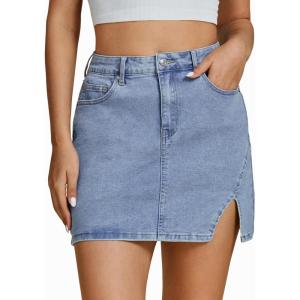 imageluvamia Jean Skirts for Women Denim High Waisted Stretchy Denim Skirt with Slit Trendy Casual Slim Fit Short SkirtsRoadknight Blue