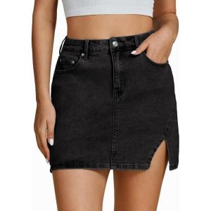 imageluvamia Jean Skirts for Women Denim High Waisted Stretchy Denim Skirt with Slit Trendy Casual Slim Fit Short SkirtsWashed Black