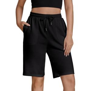 imageluvamia Sweat Shorts for Women Pull On Casual Athletic Bermuda Shorts Drawstring Cotton Long SweatShorts with PocketsBlack