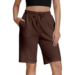 imageluvamia Sweat Shorts for Women Pull On Casual Athletic Bermuda Shorts Drawstring Cotton Long SweatShorts with PocketsBrown