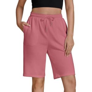 imageluvamia Sweat Shorts for Women Pull On Casual Athletic Bermuda Shorts Drawstring Cotton Long SweatShorts with PocketsCoral