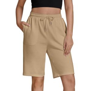 imageluvamia Sweat Shorts for Women Pull On Casual Athletic Bermuda Shorts Drawstring Cotton Long SweatShorts with PocketsLight Khaki