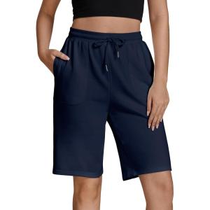 imageluvamia Sweat Shorts for Women Pull On Casual Athletic Bermuda Shorts Drawstring Cotton Long SweatShorts with PocketsNavy Blue