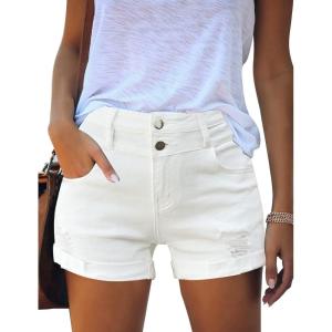 imageluvamia Womens Ripped High Waisted Denim Shorts Stretchy Cuffed Hem Jean ShortsM Chalk White