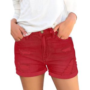 imageluvamia Womens Ripped High Waisted Denim Shorts Stretchy Cuffed Hem Jean ShortsRed