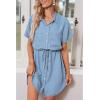 imageluvamia Women Casual Denim Dress Short Sleeve Tie Waist Classic Jean Shirt DressCool Blue