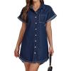 imageluvamia Denim Dress for Women Button Down Short Sleeves Casual Summer Jean Shirt Dresses with Pockets Frayed HemDarkness Blue