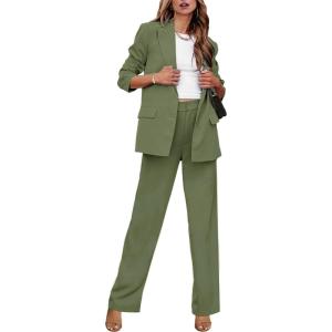 imageluvamia 2 Piece Outfits for Women Dressy Blazer Jackets High Waisted Straight Leg Pants Suits Set Business Casual OfficeOlive Green