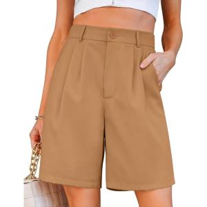 imageluvamia Bermuda Shorts for Women Dressy Casual High Waisted Summer Work Elastic Waist Pleated Dress Shorts with PocketsCamel