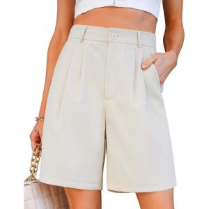 imageluvamia Bermuda Shorts for Women Dressy Casual High Waisted Summer Work Elastic Waist Pleated Dress Shorts with PocketsCannoli Cream