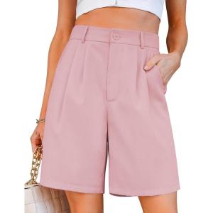 imageluvamia Bermuda Shorts for Women Dressy Casual High Waisted Summer Work Elastic Waist Pleated Dress Shorts with PocketsPink