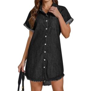 imageluvamia Denim Dress for Women Button Down Short Sleeves Casual Summer Jean Shirt Dresses with Pockets Frayed HemWashed Black