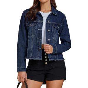 imageluvamia Denim Jacket for Women Distressed Jean Jackets Button Up Vintage Western Trucker Jacket Frayed Hem PocketsNightfall Blue